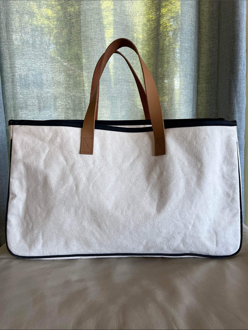 BEACH PLEASE Canvas Tote Bag with Brown Handles - Picture 2 of 6